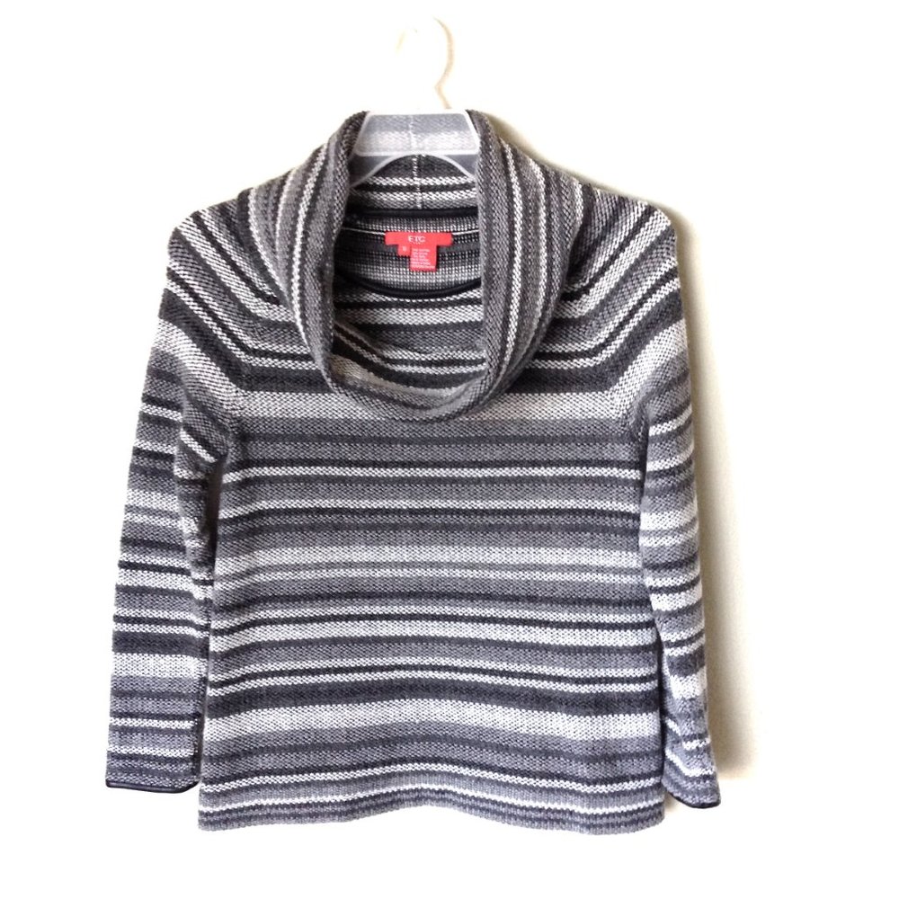 Etc-Gray Striped Wool Blend Cowl Neck Sweater